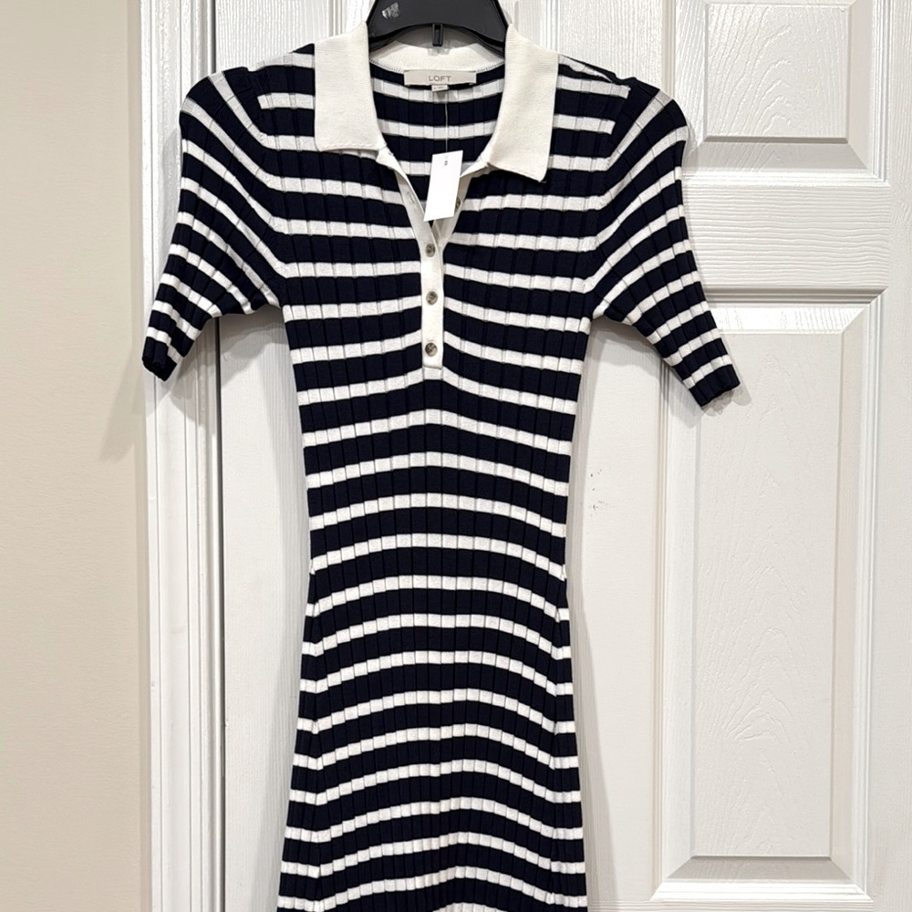 NEW LOFT Striped Polo Dress - Navy Blue and White